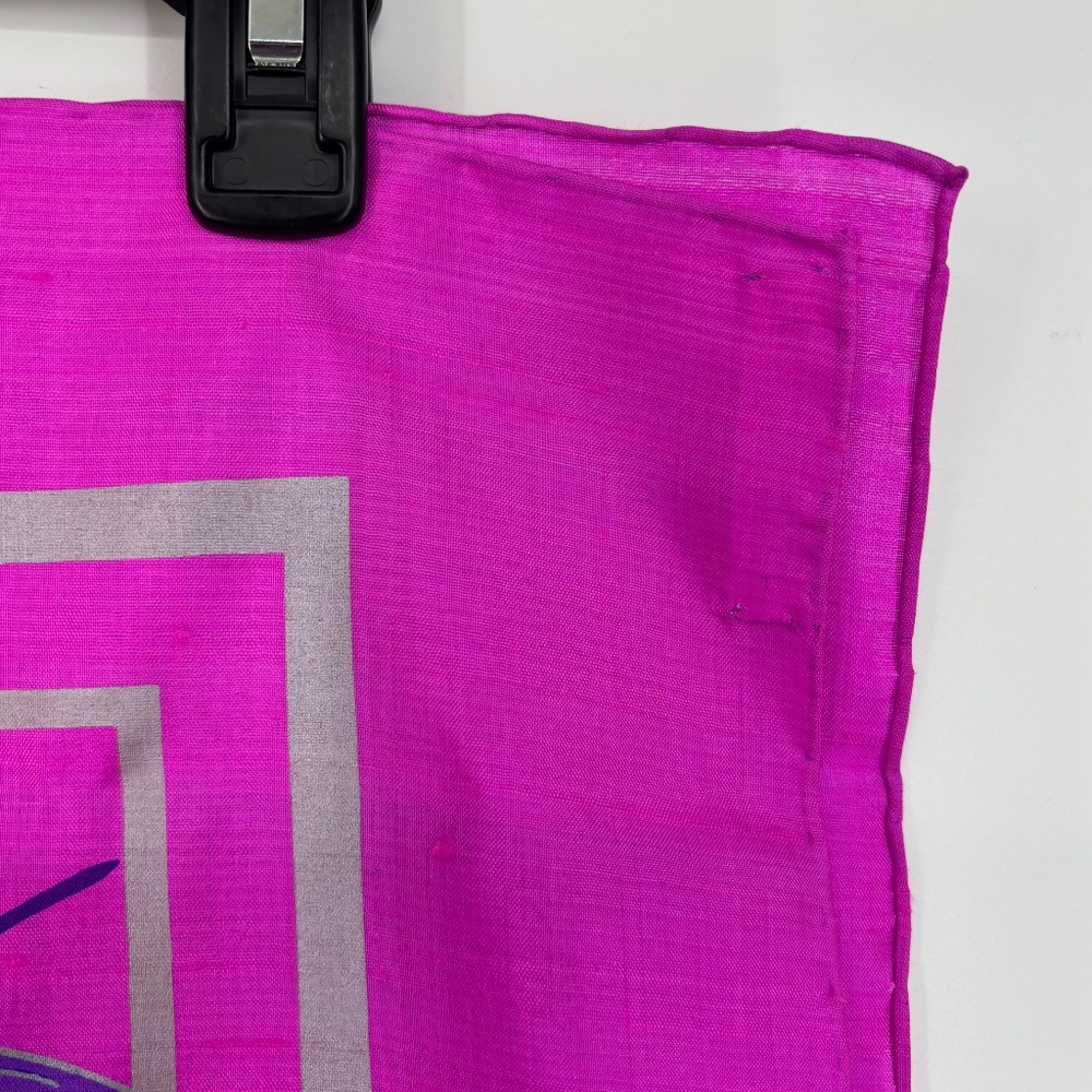 Vintage Thai Raw Silk Square Scarf Fuchsia Pink Purple Floral with Silver Trim - Picture 3 of 9